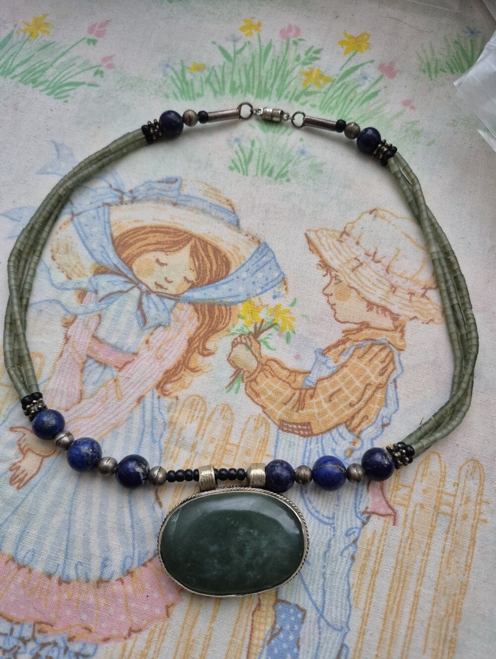 🌙Vintage Afghan Tribal Jade & Lapis Lazuli Multi-Strand Statement Necklace 79g